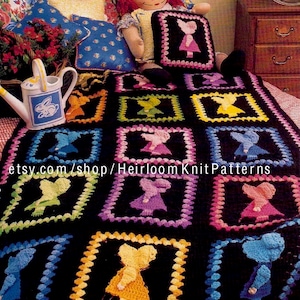 Sunbonnet Sue Afghan and Pillow Vintage Crochet Pattern Child Baby Adult Size Afghan Sunbonnet Sue Motif Pattern Instant download PDF - 2159