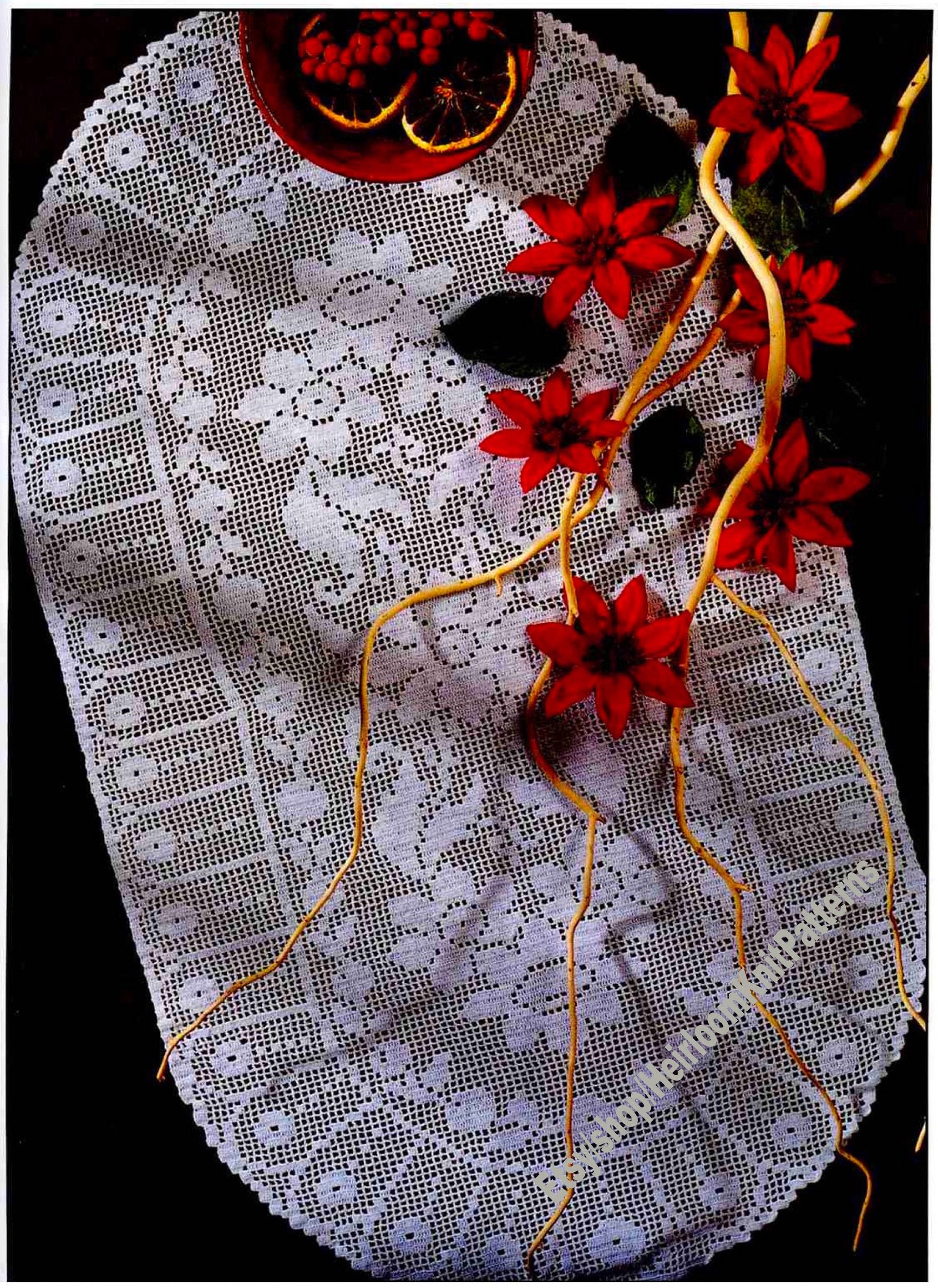 Poinsettias Filet Crochet Doily Table Runner Vintage Crochet Etsy