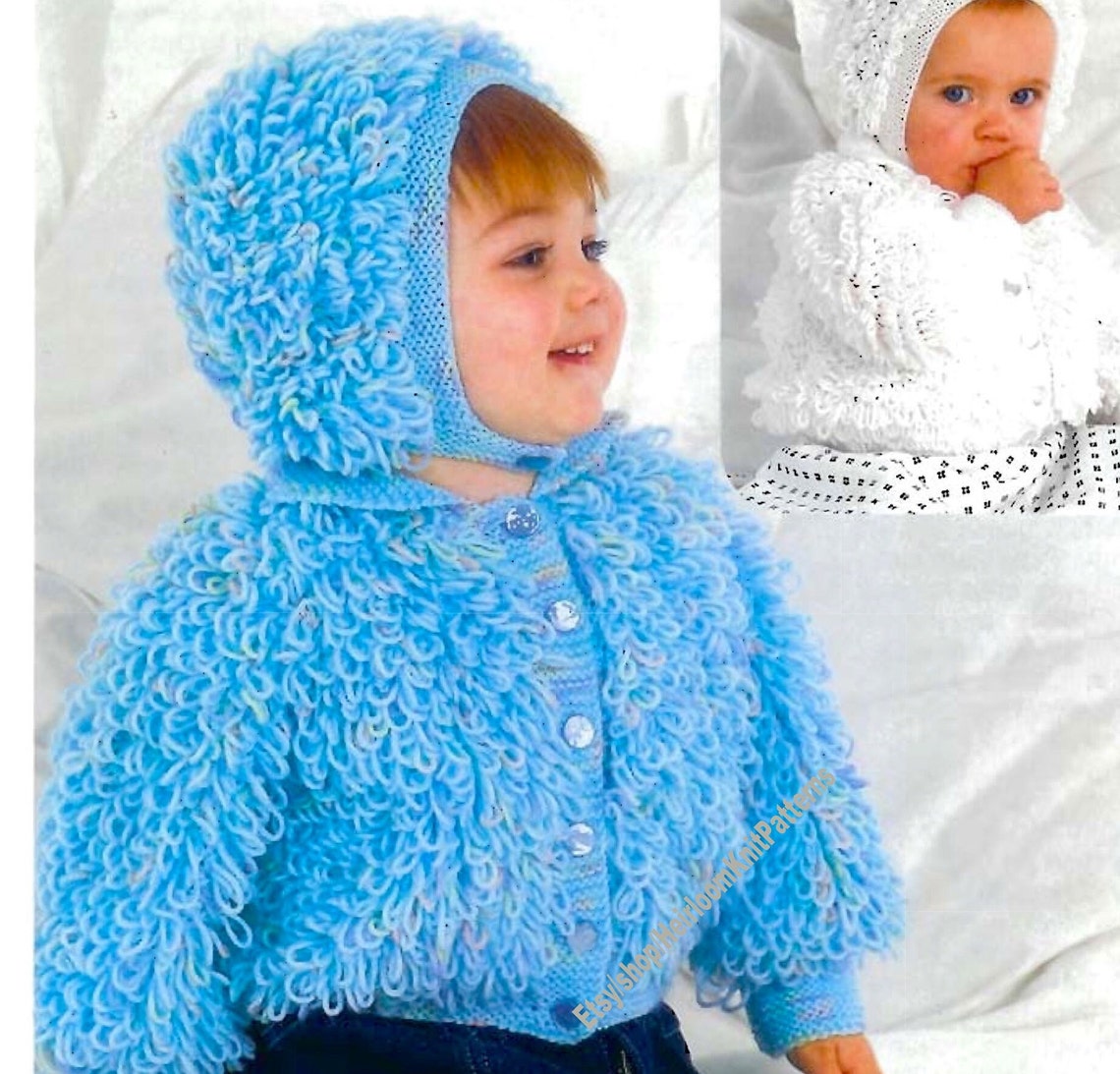 Baby Child Loopy Jacket & Bonnet Set Vintage Knitting Pattern DK 8ply ...