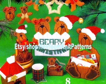 8 Bear Claus Christmas Ornaments Vintage Plastic Canvas Pattern Teddy Tissue Cover Coaster Card Holder Garland Instant Download PDF - 2774