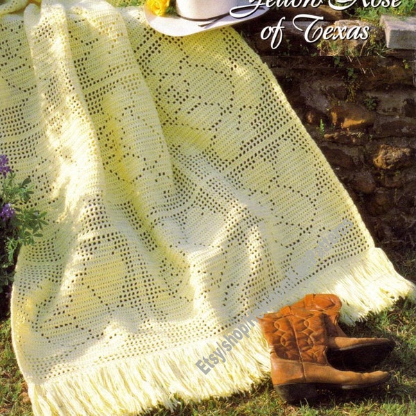 Filet Roses Afghan Vintage Crochet Pattern Yellow Rose of Texas Light Floral Summer Blanket Bedspread Gift Idea Instant Download PDF - 3669