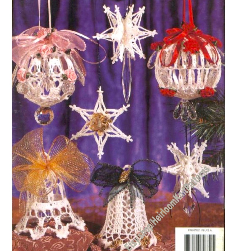 13 Christmas Decorations Stars Bells Snowballs Vintage Crochet Pattern Tree Trims Baubles Holiday Ornaments Gift Instant Download PDF 3186 image 3