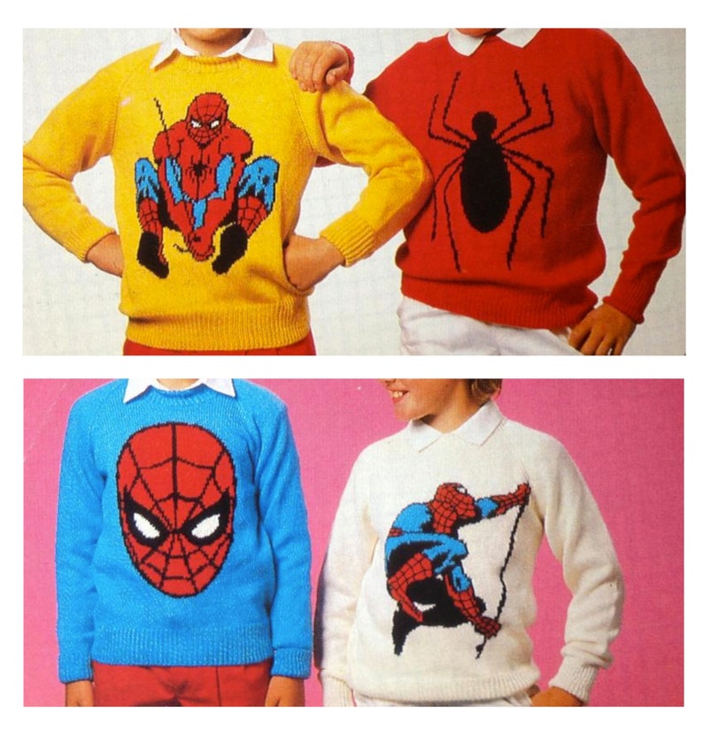 4 Designs Spiderman Sweaters Vintage Retro Knitting Pattern Etsy