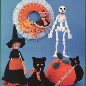 6 Projects Halloween Book Vintage Crochet Pattern Black Cat Kitten Pumpkin Holder Doll Witch Outfit Door Wreath Instant Download PDF - 3223