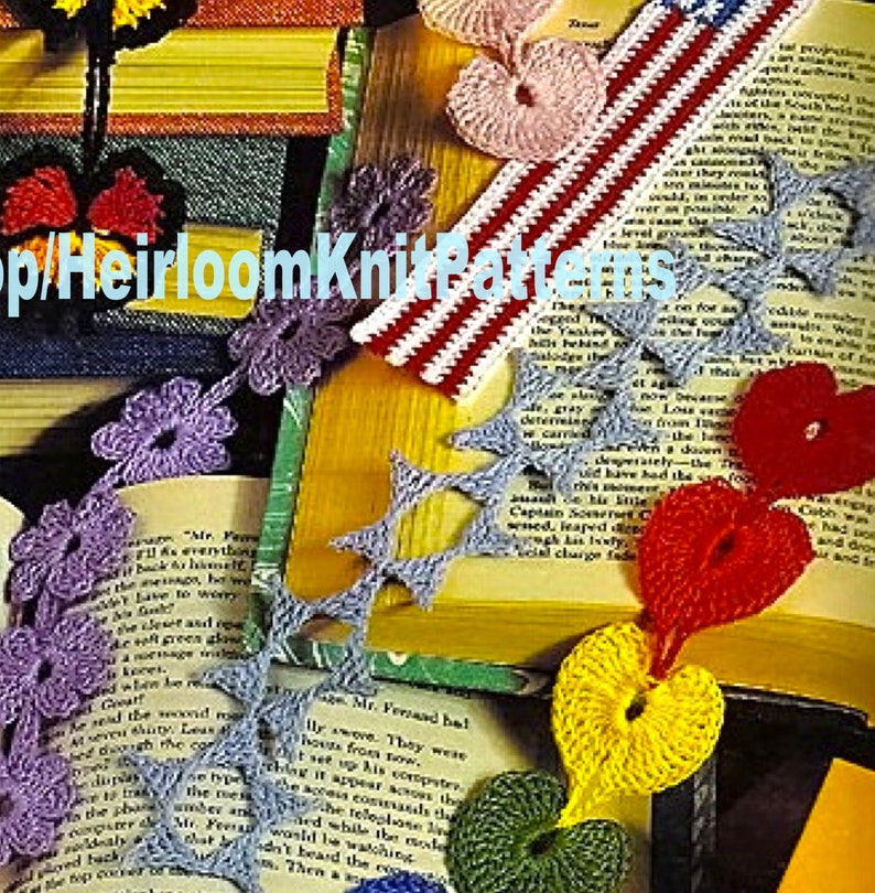 7 Designs Bookmarks Vintage Crochet Pattern PDF American Flag Butterfly Heart Flower Chains Shells Rainbow & Sun Instant Download PDF 2668 image 4