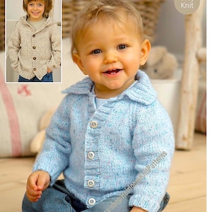 Easy Knit Baby Child Boy Girl Jackets Vintage DK Knitting Pattern 0-7yrs 16-26&#39;&#39; Hood Collar Raglan Jacket Cardigan Instant Download PDF- 77