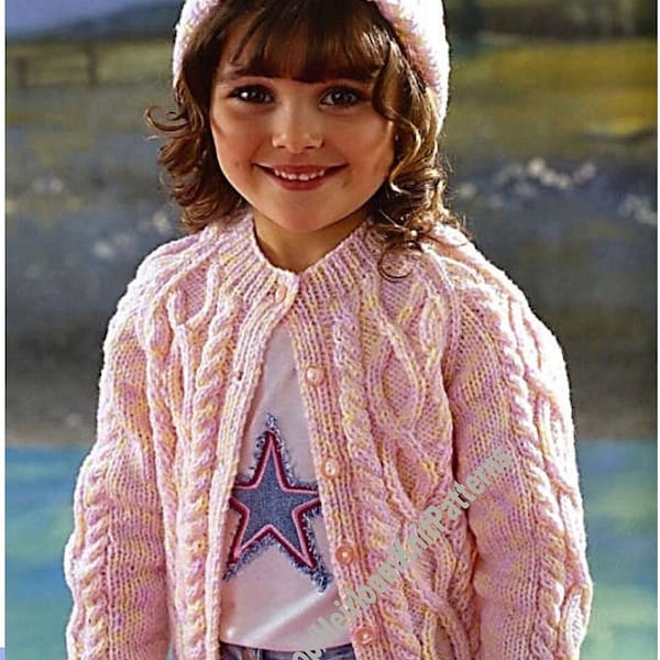 Child Boy Girl Cable Jacket & Hat Vintage Aran Knitting Pattern 20- 28'' 1-9 years Raglan Cardi Round Neck/ Collar Instant Download PDF- 512