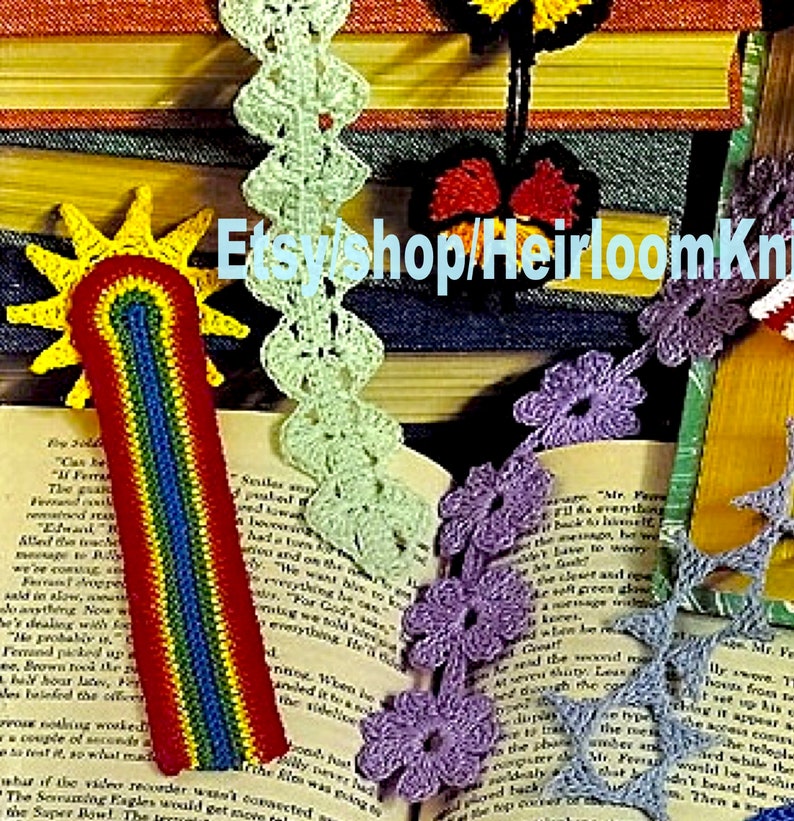 7 Designs Bookmarks Vintage Crochet Pattern PDF American Flag Butterfly Heart Flower Chains Shells Rainbow & Sun Instant Download PDF 2668 image 3