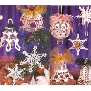 13 Christmas Decorations Stars Bells Snowballs Vintage Crochet Pattern Tree Trims Baubles Holiday Ornaments Gift Instant Download PDF - 3186