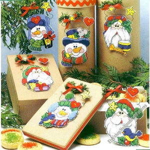6 Christmas Ornaments Vintage Plastic Canvas Pattern Santa Frosty Snowman Tree Trim Gift Tag Seasonal Home Decor Instant Download PDF - 2808