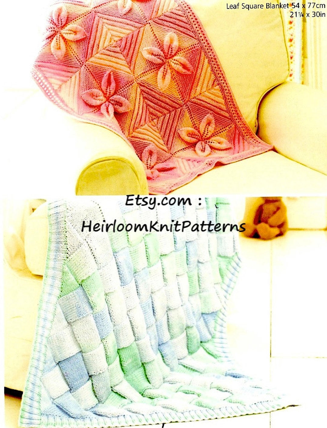 Baby Blankets Knitting Pattern Entrelac and Leaf Square Blankets in DK