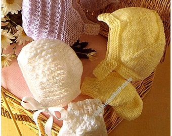 3 Sets Baby Boy Girl Hats Mitts Vintage Knitting Pattern Birth-6M 6-12M 12-18M 18-24M Helmet Bonnet DK 8ply yarn Instant Download PDF - 367