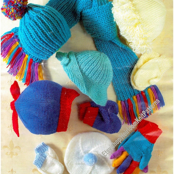 Baby Child Hats Beret Scarf Mitts Gloves Vintage Knitting Pattern approx 0- 12y Boy Girl Winter Set Christmas Gift Instant Download PDF-3218