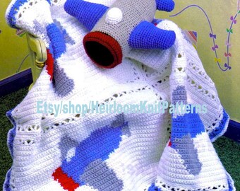 Airplane Afghan and Jet Plane Toy Vintage Crochet Pattern PDF Boy Girl Blanket Afghan Cover & Stuffed Toy Duo Instant Download PDF - 2648