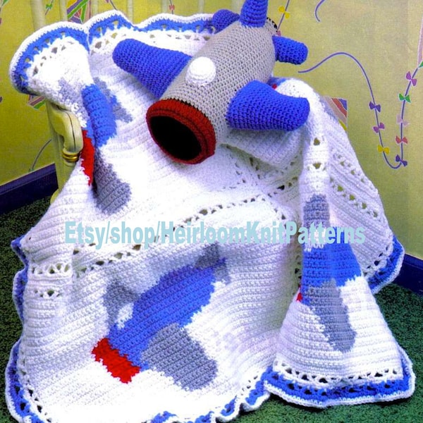 Airplane Afghan and Jet Plane Toy Vintage Crochet Pattern PDF Boy Girl Blanket Afghan Cover & Stuffed Toy Duo Instant Download PDF - 2648