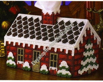 Snowy Brick Cottage Tissue Box Topper Holder Cover Vintage Plastic Canvas Pattern PDF Christmas Town Village Instant Download PDF - 3914