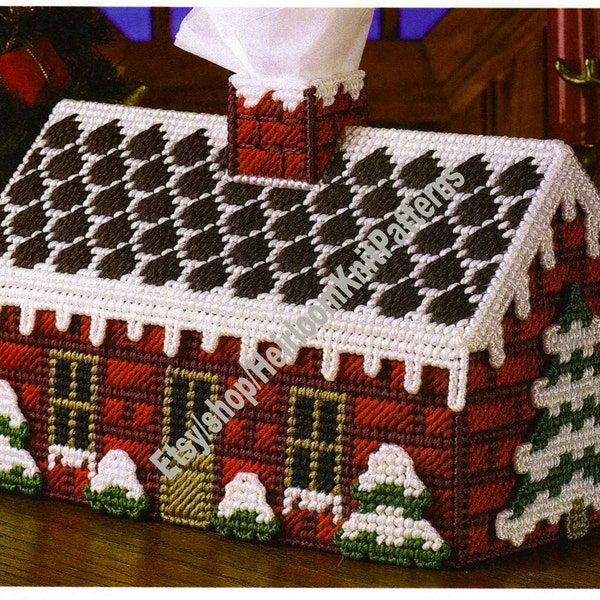Snowy Brick Cottage Tissue Box Topper Holder Cover Vintage Plastic Canvas Pattern PDF Christmas Town Village Instant Download PDF - 3914