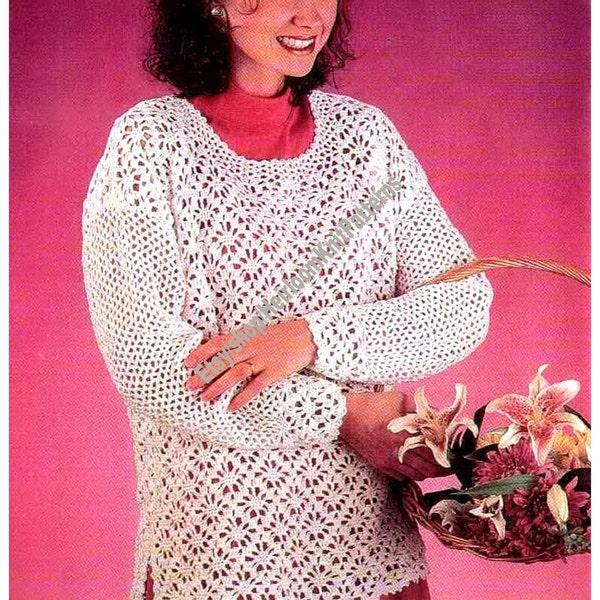 Women's Lacy Sweater Vintage Crochet Pattern Ladies Girls Lacy Pullover Cardigan Spring Summer Top Small - Large Instant Download PDF - 3037