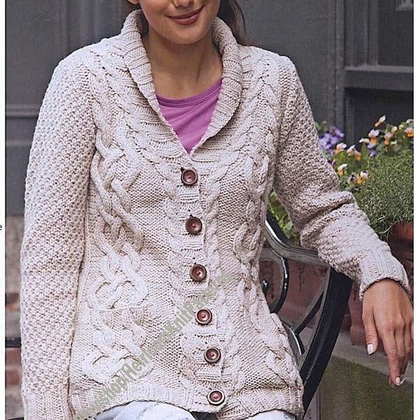 Womens Girls Cabled Cardigan Vintage Knitting Pattern 35''-48'' XS - XXL Shawl Collar Shaped Waist Jacket Instant Digital Download PDF - 315