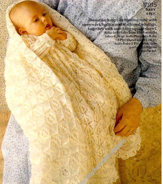 Vintage Baby Knitting Pattern Christening Baptism Long Dress Shawl Set  Boy Girl Lace Robe Gown Heirloom Pattern Instant Download PDF- 182