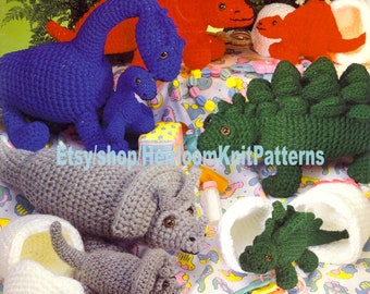 Dinosaur Mamas, Babies and Dino Eggs Vintage Crochet Pattern 4 Large Cuddly Stuffed Soft Dinosaur Families Nursery Instant Download PDF-2703