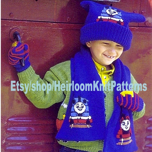 Thomas the Tank Engine Hat Scarf Mitts Set Vintage Knitting Pattern Boy Girl Kids Children's Train Motif Hat Set Instant Download PDF - 326