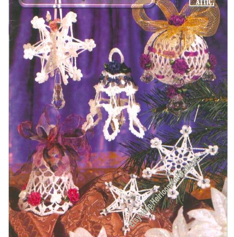 13 Christmas Decorations Stars Bells Snowballs Vintage Crochet Pattern Tree Trims Baubles Holiday Ornaments Gift Instant Download PDF 3186 image 2