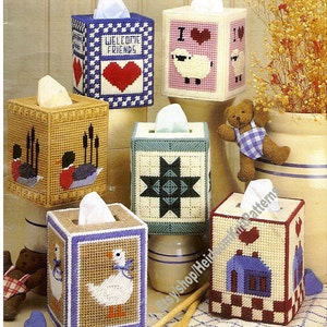 6 Country Tissue Box Covers Vintage Plastic Canvas Pattern Duck Goose Ewe Heart Home Quilt Tissue Holder Topper Instant Download PDF - 3623