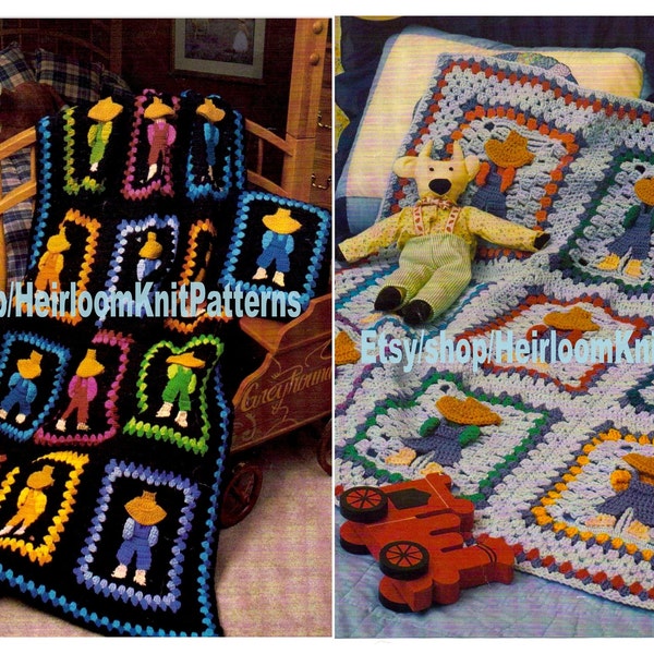 Overall Sam Afghan & Pillow Vintage Crochet Pattern PDF Baby Boy Child Blanket Adult Full Size Afghan Cover Throw Instant Download PDF- 2530