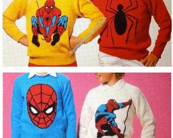 4 Designs Spiderman Sweaters Vintage Knitting Pattern Picture Character Intarsia Chart Motif Jumper Child Adult Instant Download PDF - 2998