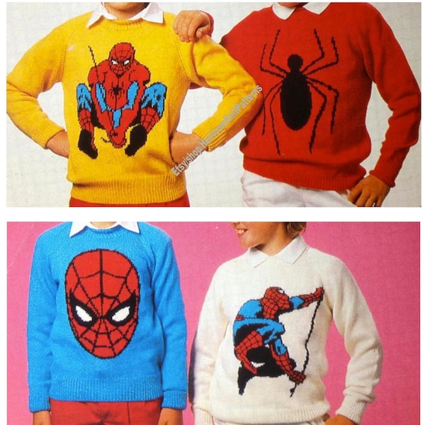 4 Designs Spiderman Sweaters Vintage Knitting Pattern Picture Character Intarsia Chart Motif Jumper Child Adult Instant Download PDF - 2998