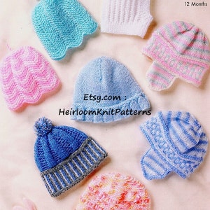 6 Designs Baby Hats Knitting Pattern PDF Tiny Baby- 12 Months DK/ 8ply Baby Boy Girl Hat Cap Bonnet Pattern Instant Download PDF - 615