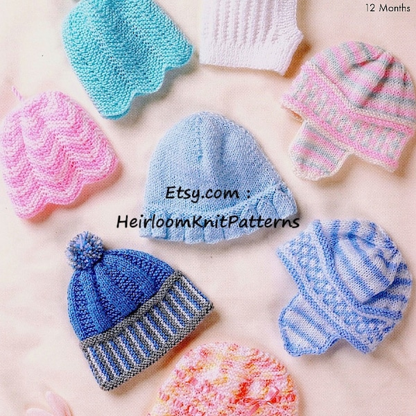 6 Designs Baby Hats Knitting Pattern PDF Tiny Baby - 12 Months DK/ 8ply Baby Boy Girl Hat Cap Bonnet Pattern Téléchargement instantané PDF - 615