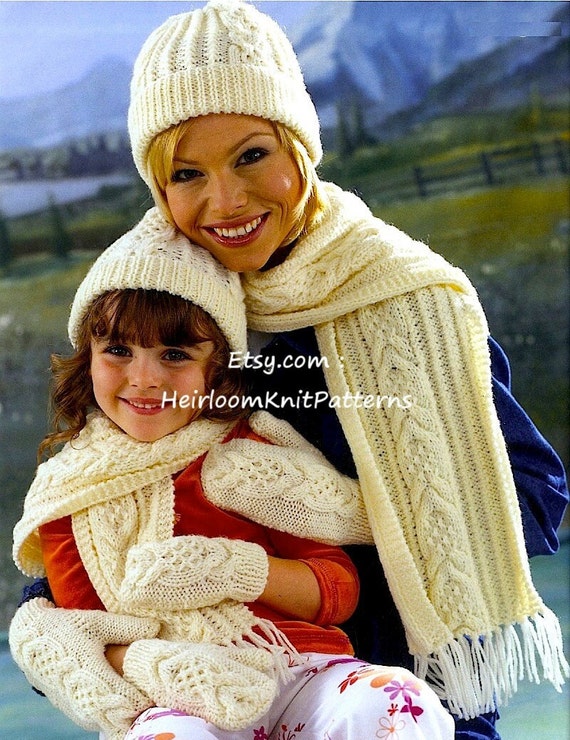 Mother Daughter Aran Hat Scarf Mitts Vintage Knitting Pattern Aran