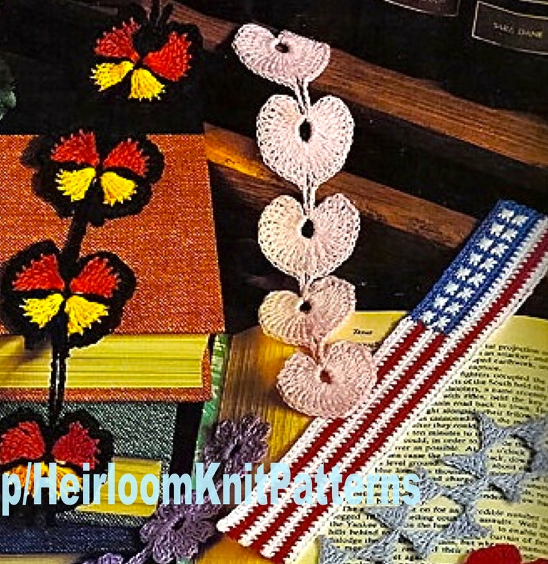 7 Designs Bookmarks Vintage Crochet Pattern PDF American Flag Butterfly Heart Flower Chains Shells Rainbow & Sun Instant Download PDF 2668 image 2