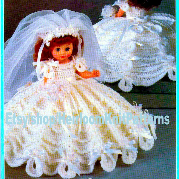 Doll Clothes Vintage Crochet Pattern PDF Musical Bride Bridal Dress Veil 13'' Bed Doll Music Doll 8'' Pillow Doll Instant Download PDF- 2543