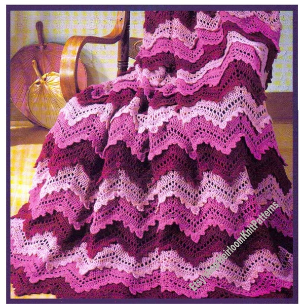 Lacy Ripples Afghan Vintage Crochet Pattern Chevron Zig Zag Blanket Throw Girl Room Bedspread Christmas Gift Idea Instant Download PDF- 3706