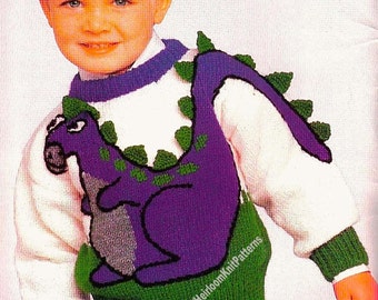 Dinosaur Sweater Vintage Knitting Pattern Sizes 2-3-4-6 Kids Childs Boy Dinosaur Motif Jumper Pullover 21- 24'' Instant Download PDF - 18