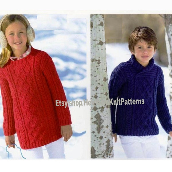 Boy's Aran Sweater & Girl's Sweater Dress Knitting Pattern 2- 13 years Fisherman's Jumper Aran Cable Pullover Instant Download PDF - 3920