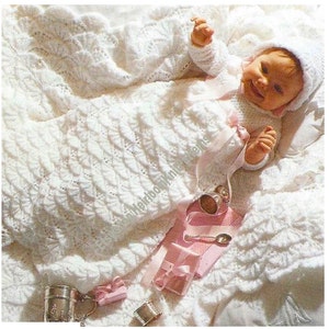 Baby Jakobsmuschel Spitze Vintage Strickmuster Junge Mädchen Set Kleid Jacke Jacke Mütze Mütze Schal Strickmuster Sofort Download PDF-3160