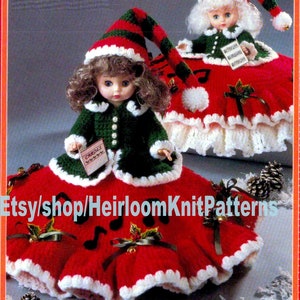 Christmas Caroler Dolls Christmas Outfit Vintage Crochet Pattern 13&#39;&#39; Doll Bed Music Doll 8&#39;&#39; Pillow Doll Dress Instant Download PDF - 2547