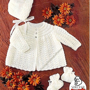 Baby Vintage Knitting Pattern Matinee Coat Bonnet Bootees Set Birth-3M & 3-6M Boy Girl Cardigan Jacket Top DK 8ply Instant Download PDF- 453