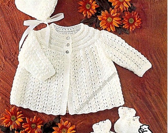 Baby Vintage Knitting Pattern Matinee Coat Bonnet Bootees Set 3 and 9 mths Boy Girl Cardigan Jacket Top DK 8ply Instant Download PDF - 453