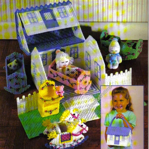 Playhouse Vintage Plastic Canvas Pattern PDF Miniature Dollhouse Pack & Go Playset Sock Doll Cradle Rocking Horse Instant Download PDF- 2534