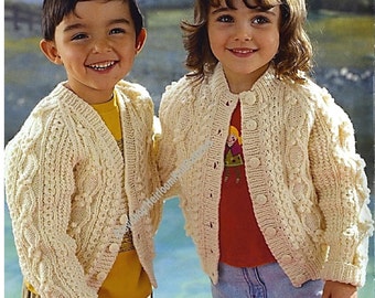 Traditional Child Aran Cardigans Vintage Knitting Pattern 20- 28'' 1-9yrs Boy Girl Cable Raglan Jacket Round V-Neck Instant Download PDF 513