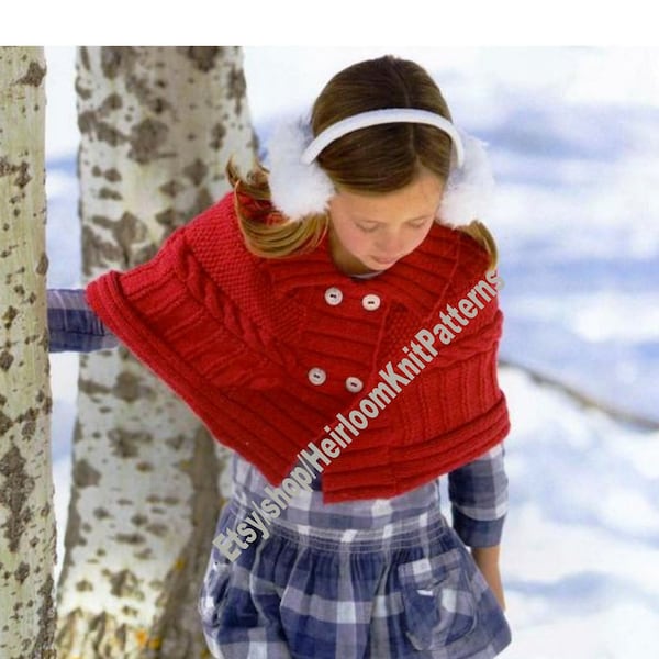 Girl Cable Cape Vintage Knitting Pattern Cosy Warm Aran Poncho Stole Wrap Child Kids Children 4- 12 years Instant Download PDF - 3922