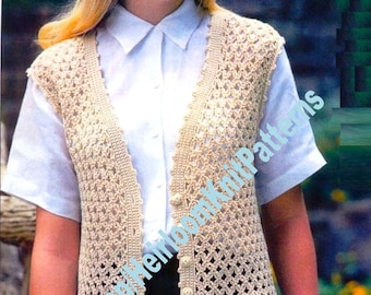 Women&#39;s Crochet Sweater Vest Vintage Pattern Size Small Medium Large 32-44&#39;&#39; Sport Yarn Open Weave & Scallops Instant Download PDF- 2832