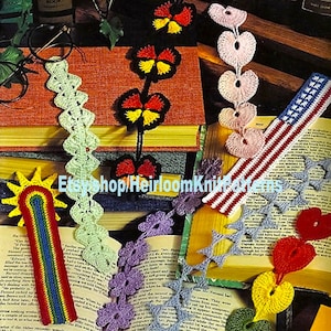7 Designs Bookmarks Vintage Crochet Pattern PDF American Flag Butterfly Heart Flower Chains Shells Rainbow & Sun Instant Download PDF 2668 image 1