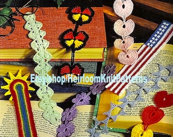 7 Designs Bookmarks Vintage Crochet Pattern PDF American Flag Butterfly Heart Flower Chains Shells Rainbow & Sun Instant Download PDF - 2668