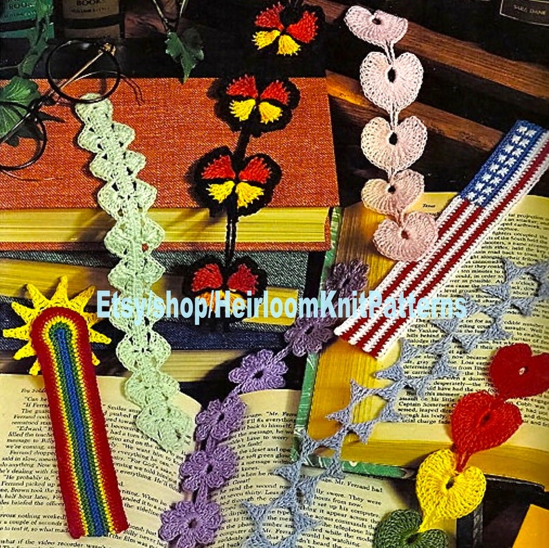 7 Designs Bookmarks Vintage Crochet Pattern PDF American Flag Butterfly Heart Flower Chains Shells Rainbow & Sun Instant Download PDF 2668 image 1